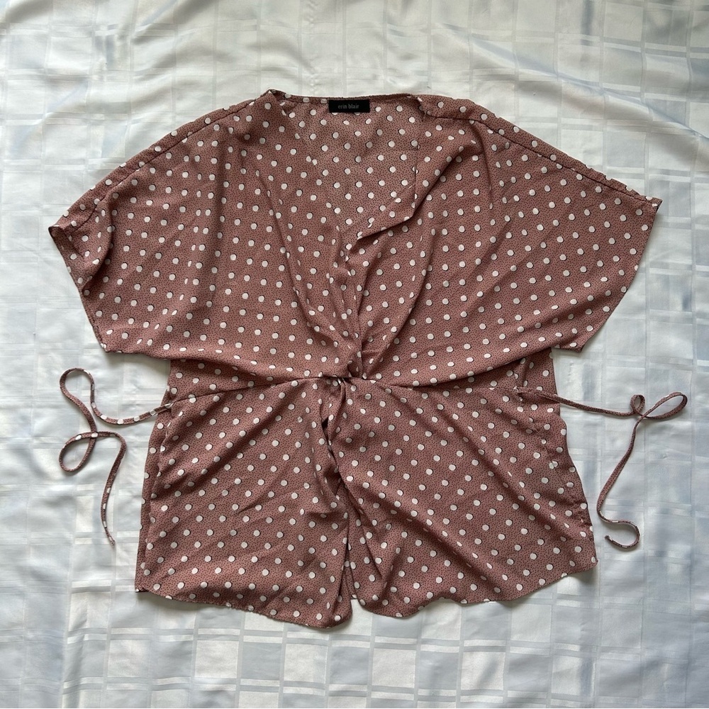 Erin Blair Rusty Pink Black & White Polkadot Tie Back Knot Front Blouse